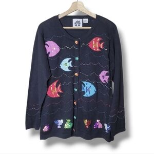 Storybook Knits Whimsical Fish Cardigan Sweater Sequins  Size Large